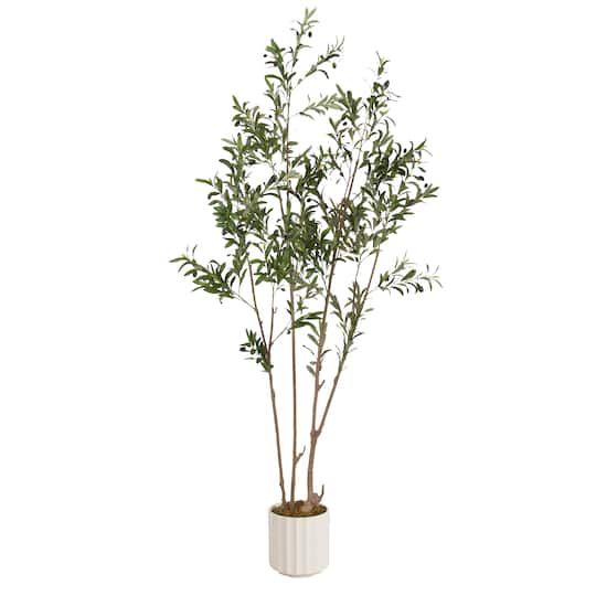 Kate and Laurel 7ft. Green Oliveira Faux Olive Tree in White Planter